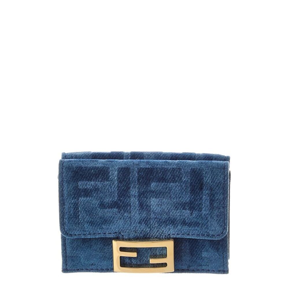 Fendi Micro Trifold Flocked Denim Wallet, Blue